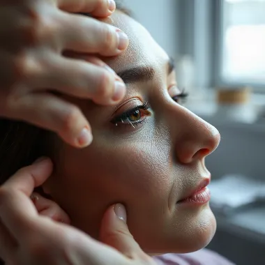 Eine Frau, die eine Augenakupunkturbehandlung erhält, mit sanftem Licht und Fokus auf die Nadeln um die Augen.