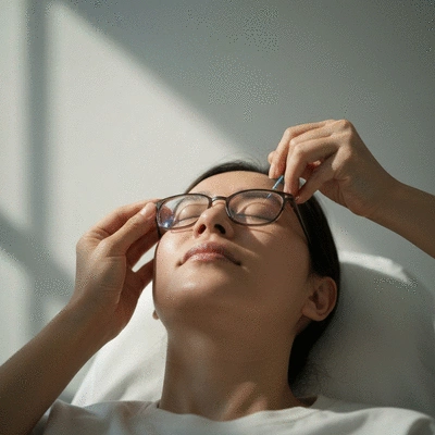 User receiving acupuncture treatment for eye health
