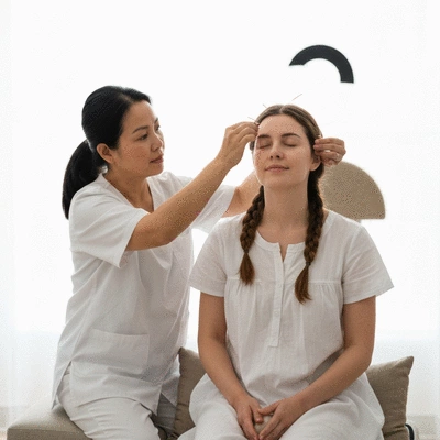 User receiving acupuncture treatment for dry eyes
